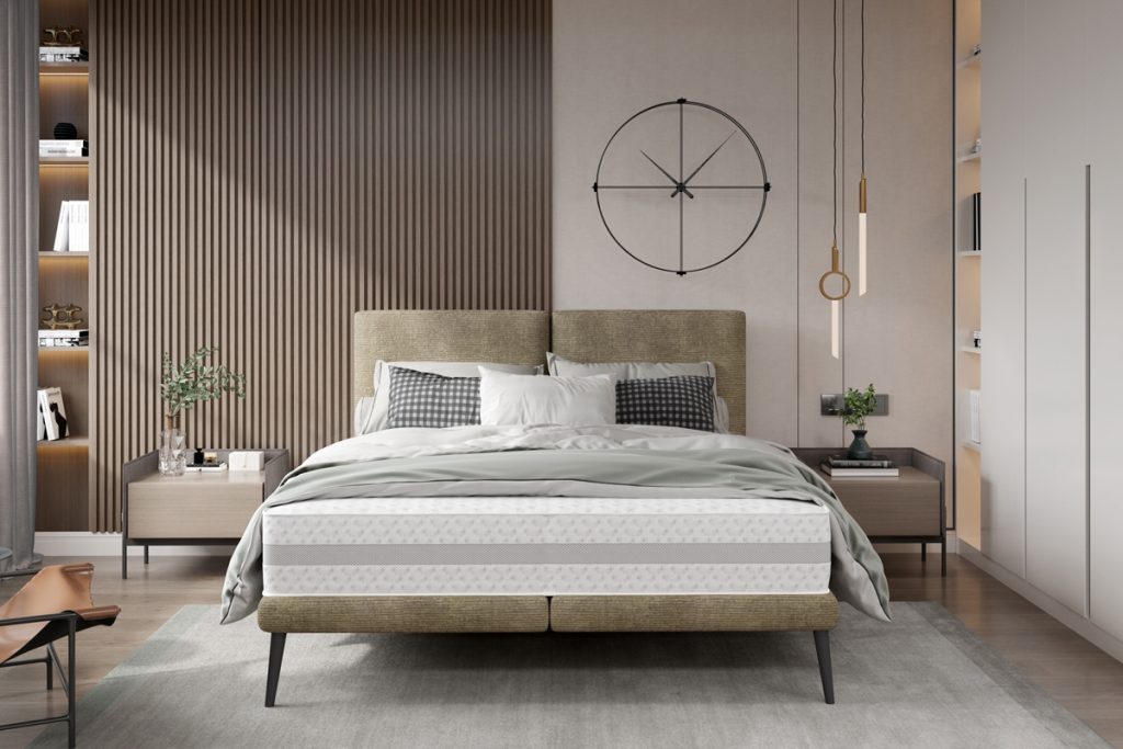 Modna sypialnia z łóżkiem z materacem Selene 