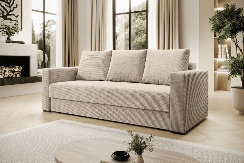 Beżowa rozkładana sofa w nowoczesnym salonie