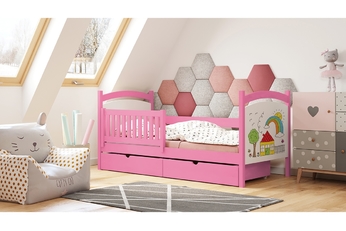 Łóżko dziecięce drewniane z tablicą suchościeralną Amely 80x190 Certyfikat - różowy - Końcówka serii