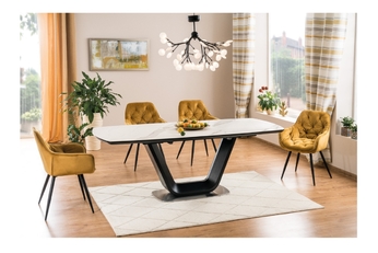 Zestaw stół rozkładany Armani - efekt marmuru + 4 krzesła Cherry Velvet - curry