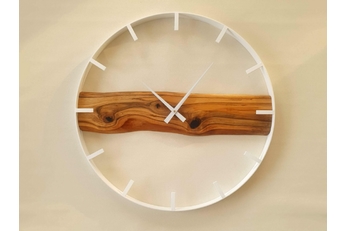Drewniany zegar ścienny KAYU 26 Orzech w stylu Loft - Biały - 70 cm