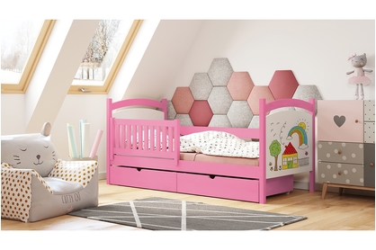 Łóżko dziecięce drewniane z tablicą suchościeralną Amely 80x190 Certyfikat - różowy - Wyprzedaż