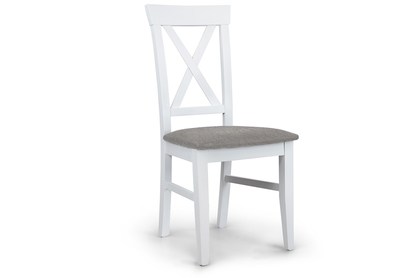 Krzesło drewniane z tapicerowanym siedziskiem i oparciem krzyżyk Retro - szary Gemma 85 / biały