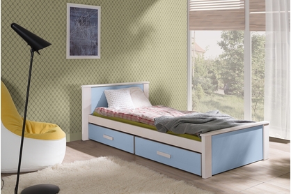 Łóżko dziecięce parterowe Puttio - biały akryl + niebieski, 80x180 
