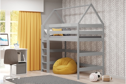 Łóżko dziecięce domek antresola Comfio - szary, 70x140 