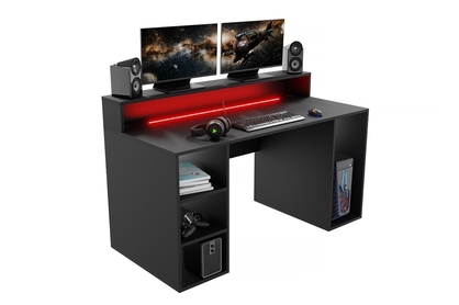 Biurko gamingowe Demin z półkami i taśmą LED - czarny 