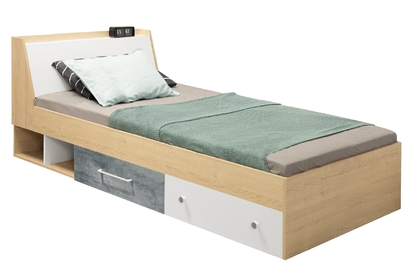 Łóżko młodzieżowe Step ST12 z szufladami i schowkiem 120x200 - dąb biszkoptowy / biały lux / beton