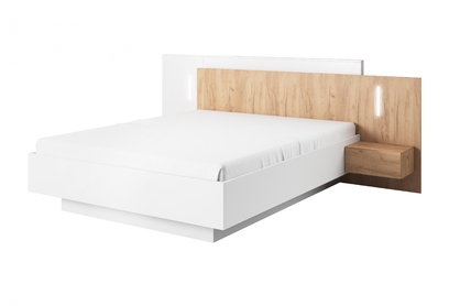 Łóżko sypialniane Numb ze stolikami nocnymi i oświetleniem 160x200 - biały/dąb craft