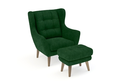 Fotel wypoczynkowy Henry z pufą - zielony welur Piano 26 / nogi dąb