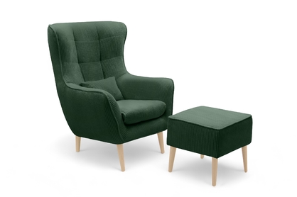 Fotel wypoczynkowy Dylian z podnóżkiem - zielony sztruks Poso 14 / nogi buk