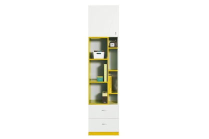 Regał jednodrzwiowy z trzema półkami i dwoma szufladami Mobi MO6 L/P - biały / żółty