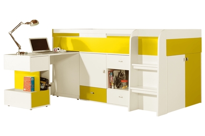 Łóżko piętrowe 90x200 z biurkiem i szafkami Mobi MO21 - biały / żółty