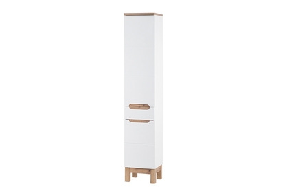 Wysoka szafka dwudrzwiowa z szufladą do łazienki Bali 35 cm - biały połysk/dąb wotan