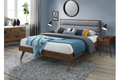 Drewniane łóżko z tapicerowanym wezgłowiem Orlando 160x200 - popielaty / orzech