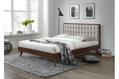 Drewniane łóżko z tapicerowanym wezgłowiem Solomo 160x200 - orzech/ beż