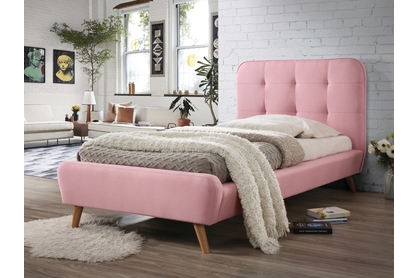 Łóżko tapicerowane jednoosobowe Tiffany 90x200 - różowy / dąb