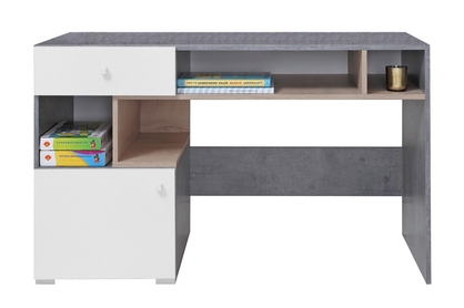 Biurko jednodrzwiowe z szufladą i wnękami Sigma SI10 do pokoju młodzieżowego - biały lux / beton / dąb
