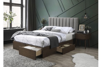 Tapicerowane łóżko z szufladami Gorashi 160x200 - popielaty / orzech