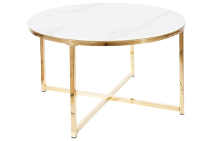 Okrągły stolik kawowy Salma 80 cm - biały / efekt marmuru / złote nogi