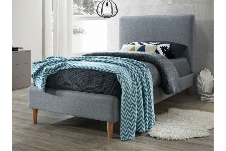 Łóżko tapicerowane jednoosobowe Acoma 90x200 - szary / dąb