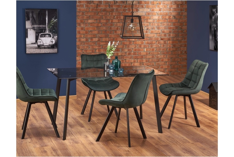 Zestaw stół Trax - dymiony / czarny + 4 krzesła tapicerowane K332 - ciemny zielony