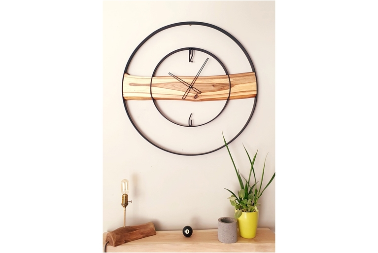 Drewniany zegar ścienny KAYU 21 Orzech w stylu Loft - Czarny - 85 cm