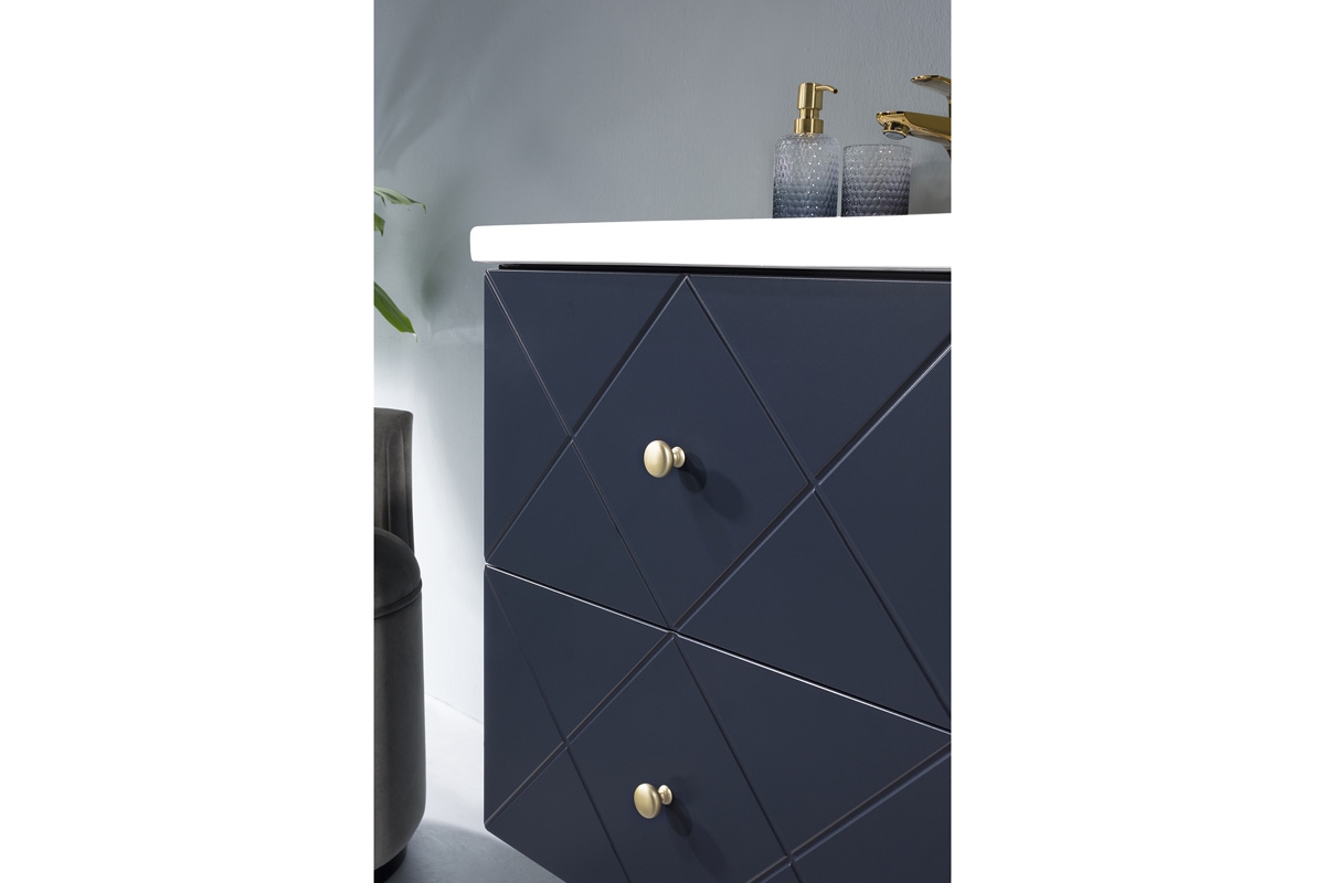 Zestaw mebli łazienkowych Elegance Blue II - Wave Blue    szafka z frezowanym frontem i złotym uchwytem 