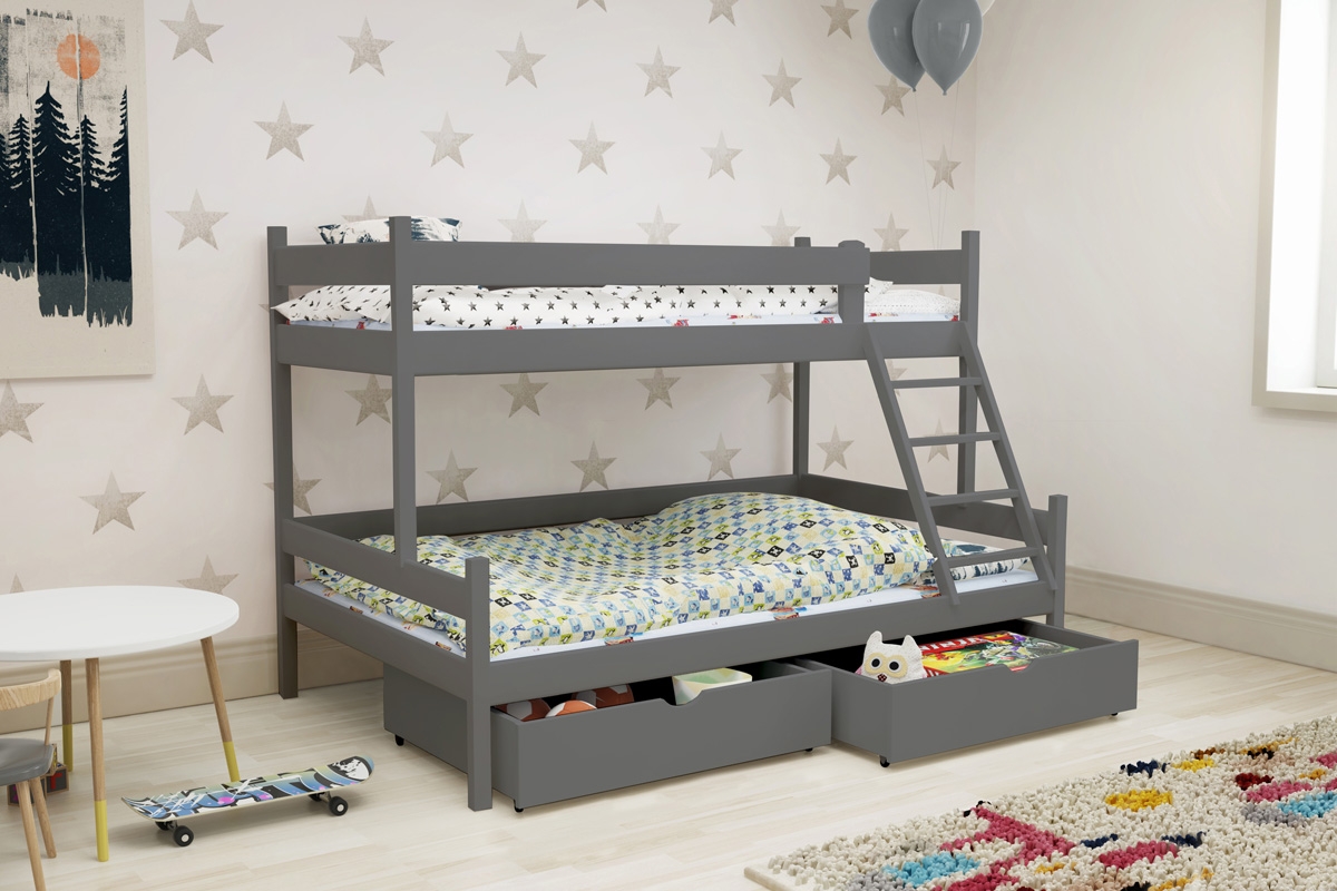 Łóżko piętrowe drewniane Poli z szufladami - 90x180 łóżko piętrowe w grafitowym kolorze 