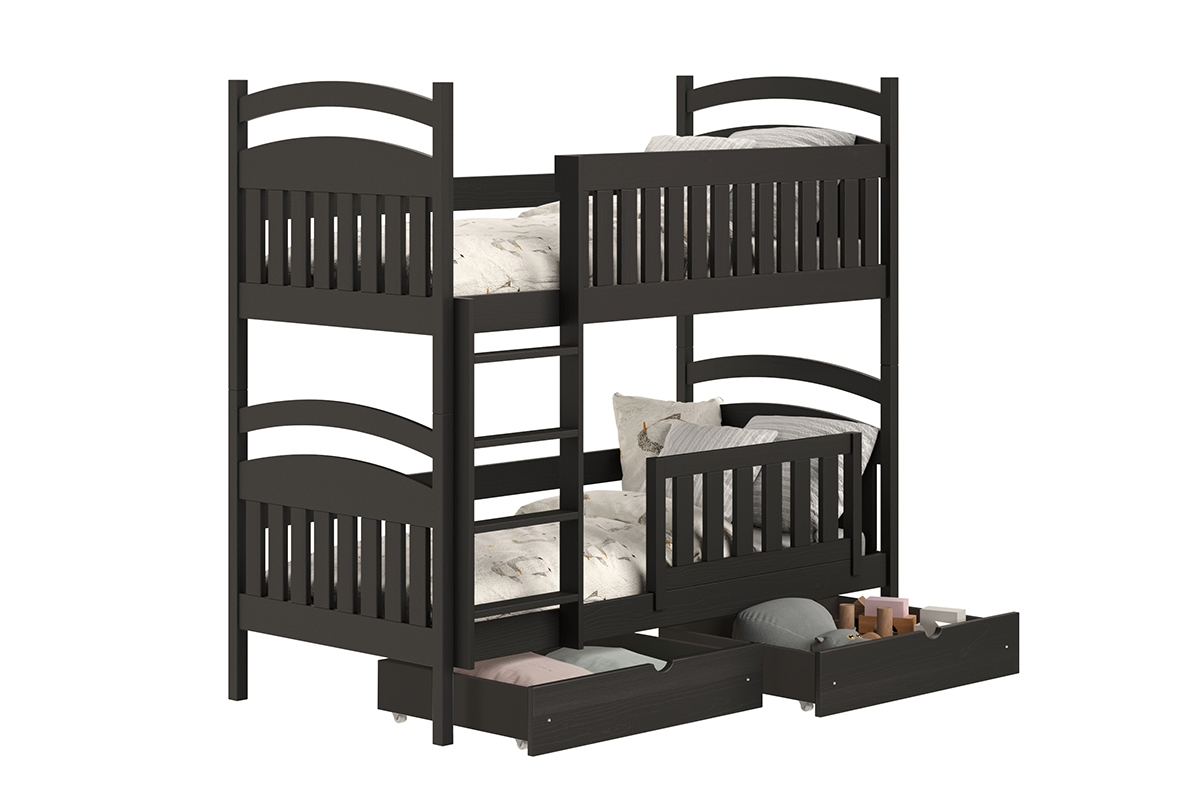 Łóżko piętrowe drewniane Amely z szufladami - czarny, 80x180 czarne łóżko dziecięce 
