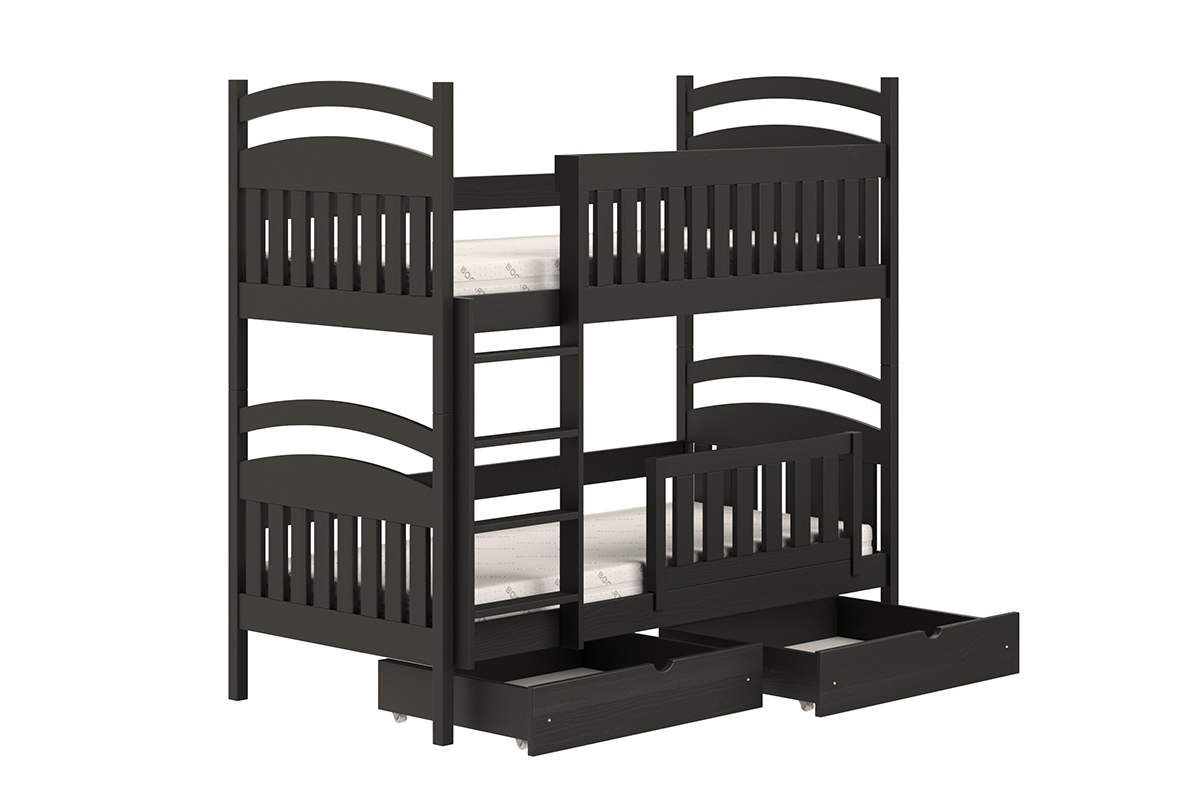 Łóżko piętrowe drewniane Amely z szufladami - czarny, 90x190 łóżko dziecięce w czarnym kolorze  