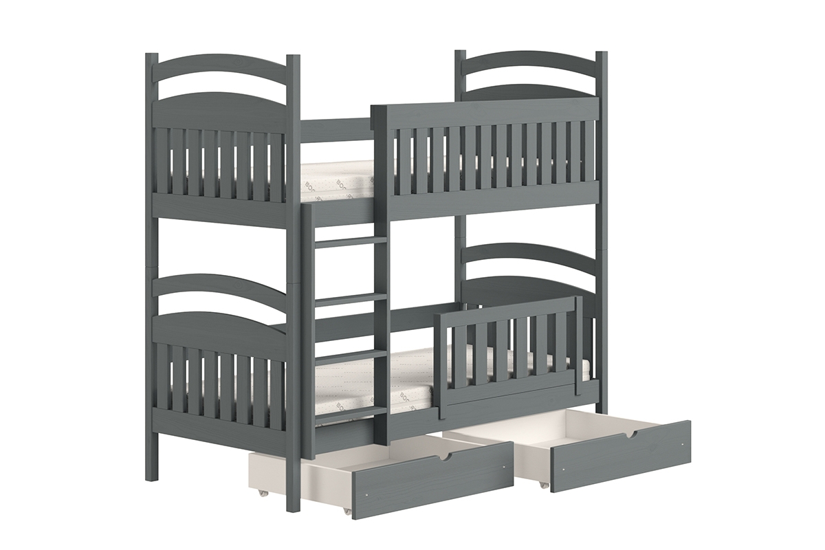 Łóżko piętrowe drewniane Amely z szufladami - grafit, 90x180 szare łóżko piętrowe 