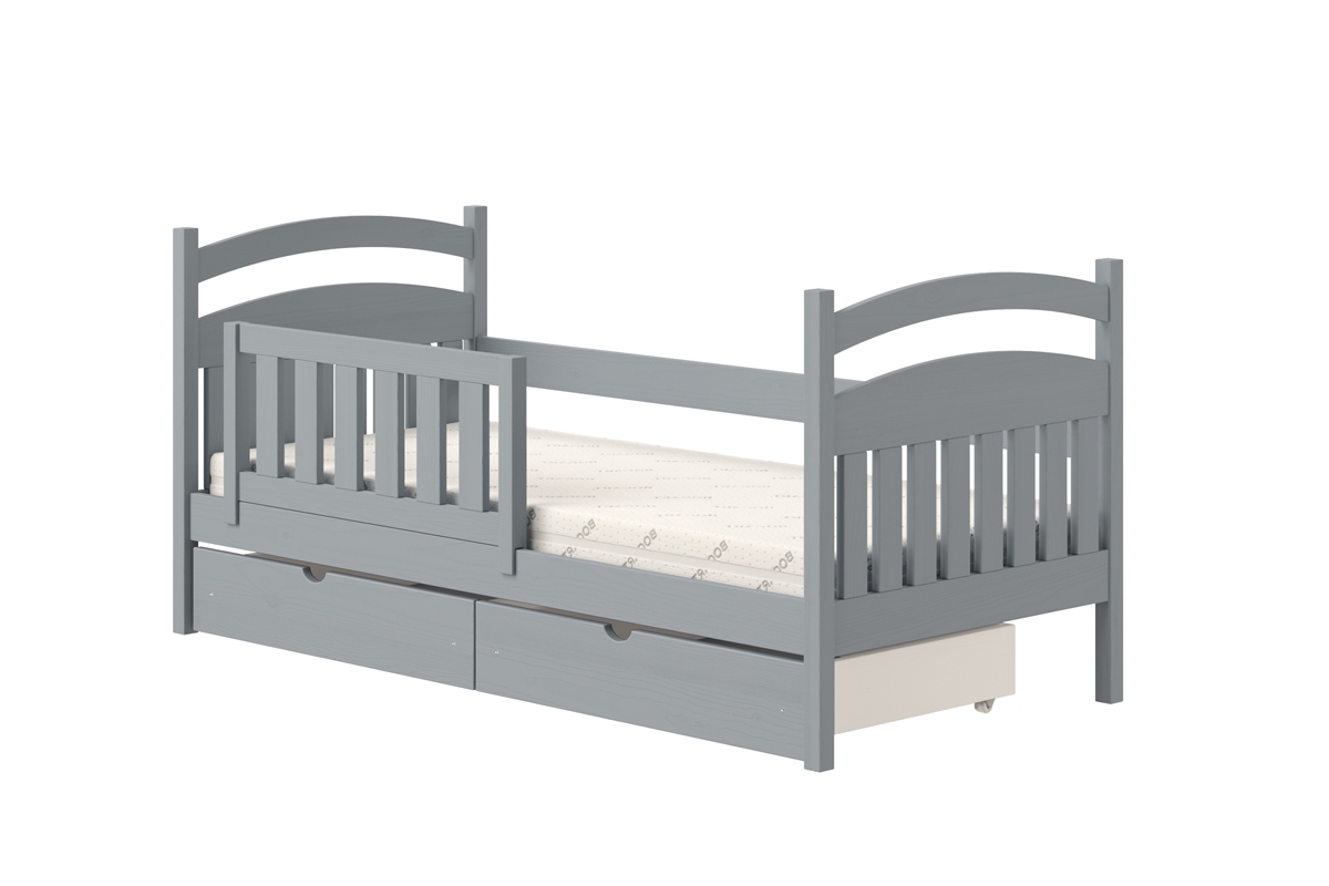 Łóżko dziecięce drewniane Amely - szary, 90x190 popielate łóżko z dwiema szufladami 