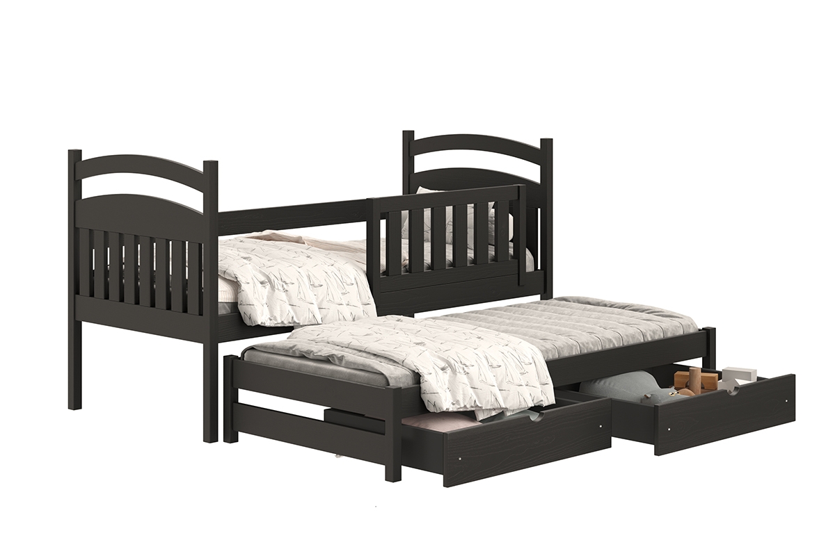 Łóżko dziecięce parterowe wysuwane Amely - czarny, 80x180 czarne łóżeczko dziecięce z wysuwanym miejscem do spania dla rodziców 