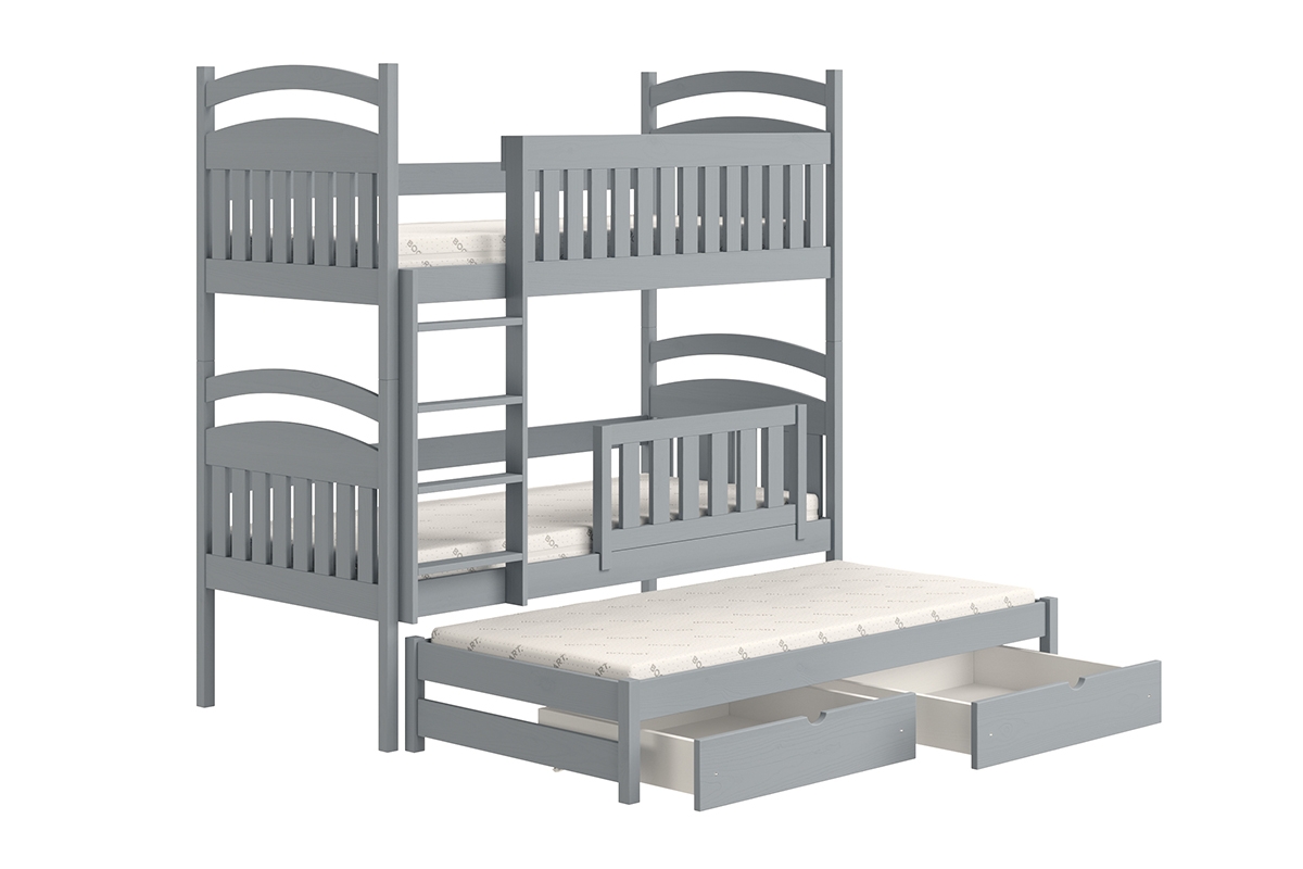 Łóżko dziecięce piętrowe wysuwane 3 os. Amely - szary, 90x190 szare łóżko z szufladami 