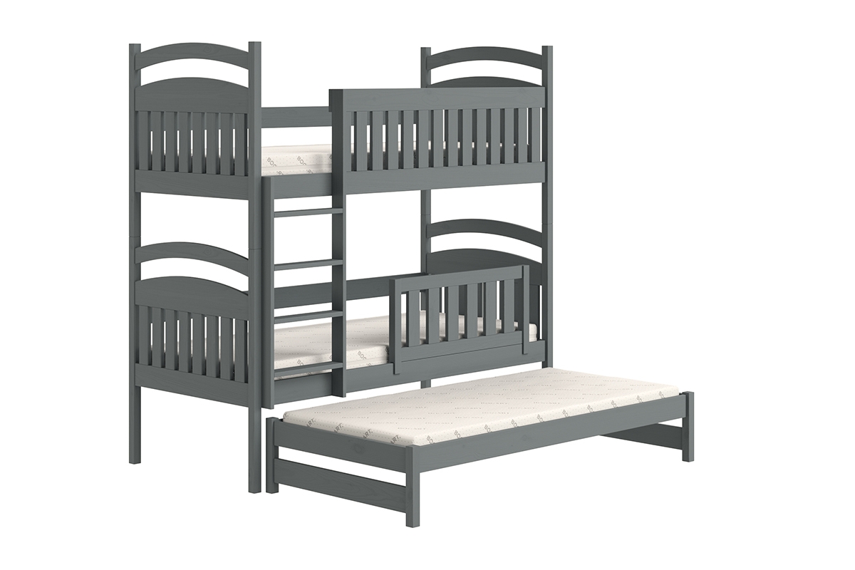 Łóżko dziecięce piętrowe wysuwane 3 os. Amely - grafit, 90x180 grafitowe łóżko z drewnianą barierką 