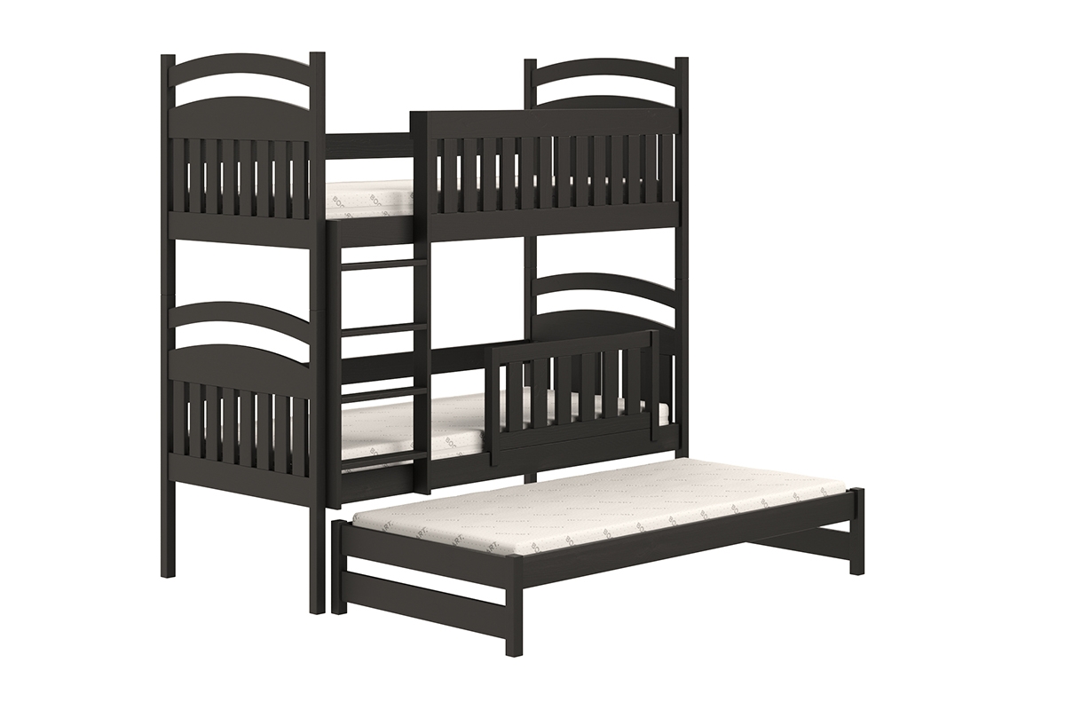 Łóżko dziecięce piętrowe wysuwane 3 os. Amely - czarny, 80x180 czarne łóżko z wyjazdowym miejscem dla rodzica 