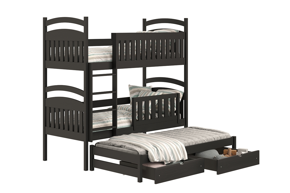 Łóżko dziecięce piętrowe wysuwane 3 os. Amely - czarny, 80x190 czarne łóżko piętrowe z wysuwanym pokładem i pojemnymi szufladami 