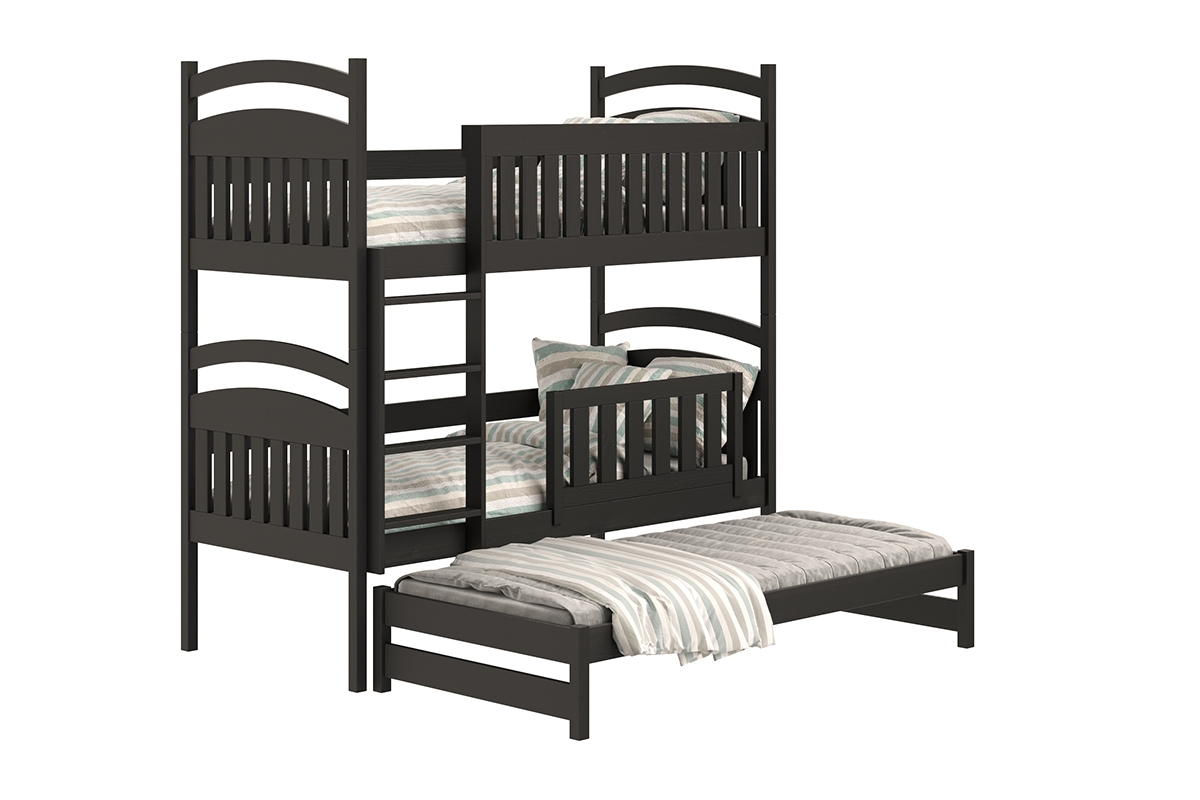 Łóżko dziecięce piętrowe wysuwane 3 os. Amely - czarny, 90x180  czarne łóżeczko z bezpieczną drabinką 
