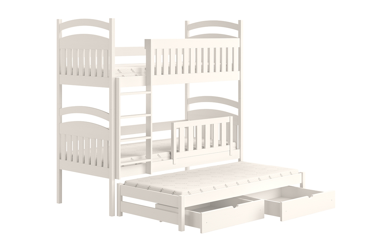 Łóżko dziecięce piętrowe wysuwane 3 os. Amely - biały, 80x160 białe łóżko z drewnianym wysuwem 