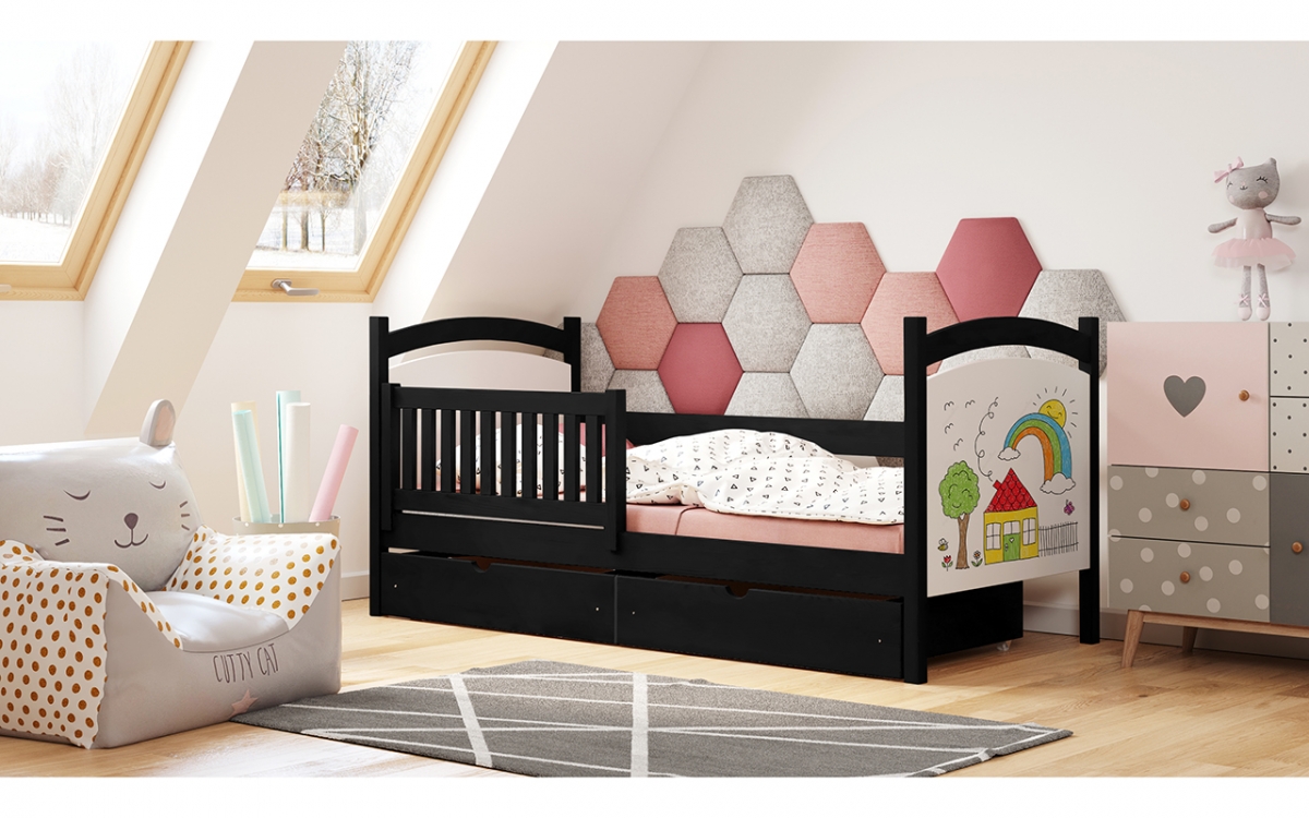 Łóżko dziecięce z tablicą suchościeralną Amely - czarny, 90x190 łóżeczko dziecięce z białymi tablicami 