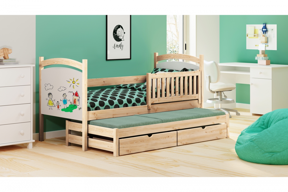 Łóżko parterowe wysuwane z tablicą suchościeralną Amely - sosna, 80x190 łóżeczko sosnowe dla dwójki dzieci 