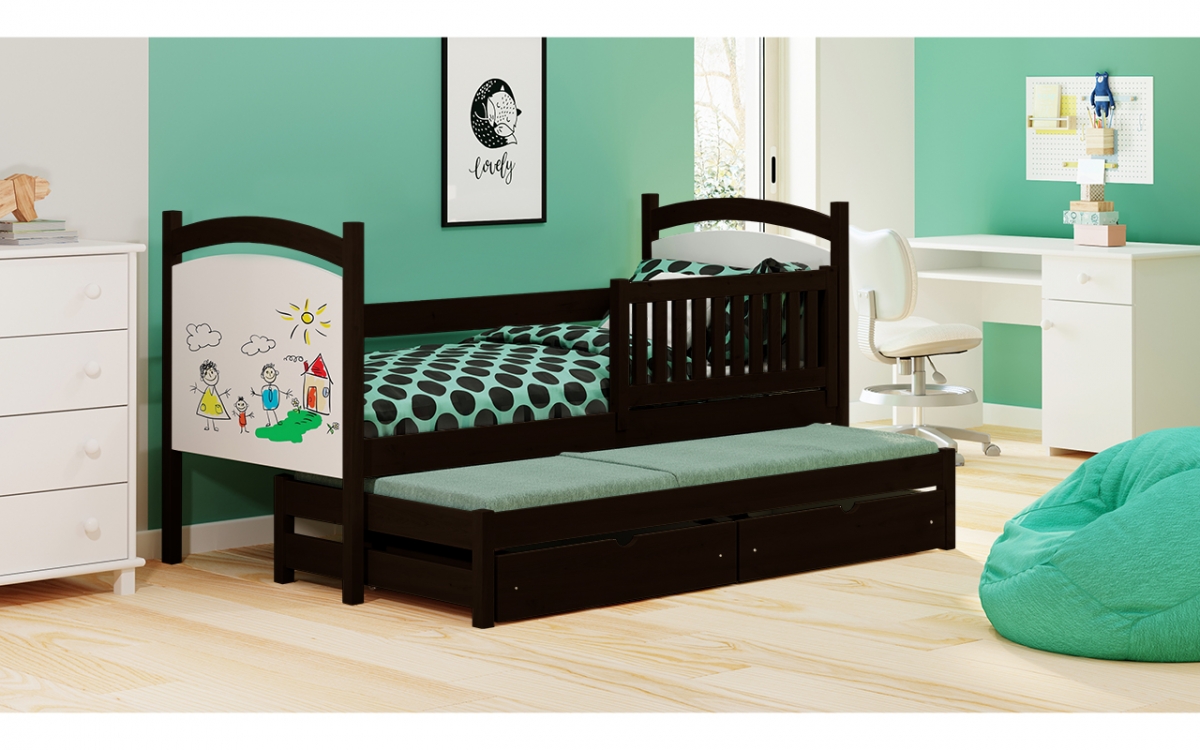 Łóżko parterowe wysuwane z tablicą suchościeralną Amely - czarny, 80x180 czarne łóżko z białą tablicą 