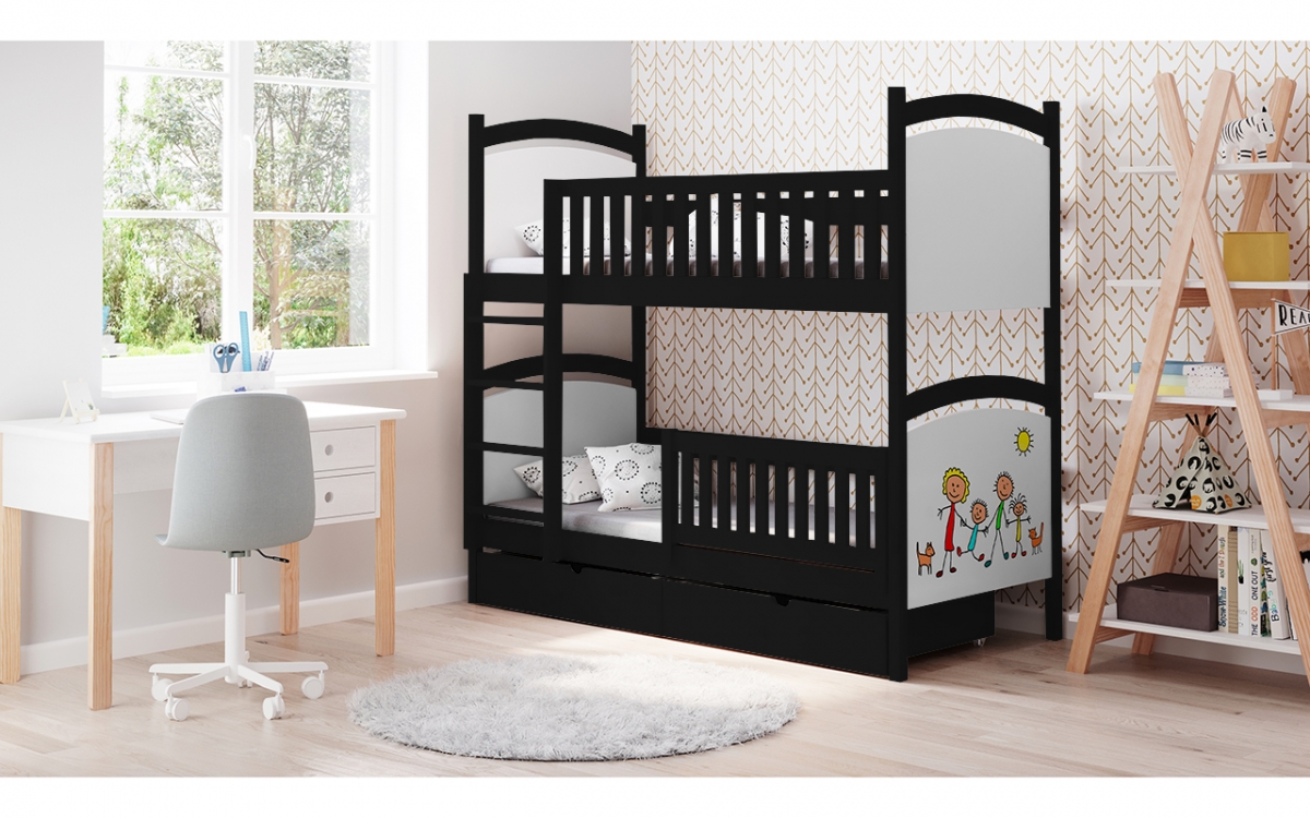 Łóżko piętrowe z tablicą suchościeralną Amely - czarny, 80x190 czarne łóżko piętrowe z szufladami na zabawki 