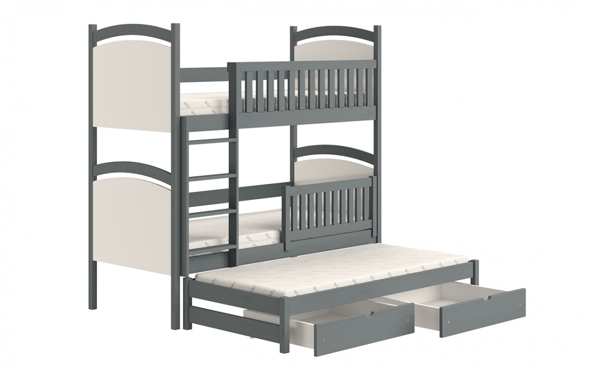 Łóżko piętrowe wysuwane z tablicą suchościeralną Amely - grafit, 90x190 grafitowe, potrójne łóżko dziecięce, z wysuwanym miejscem do spania  