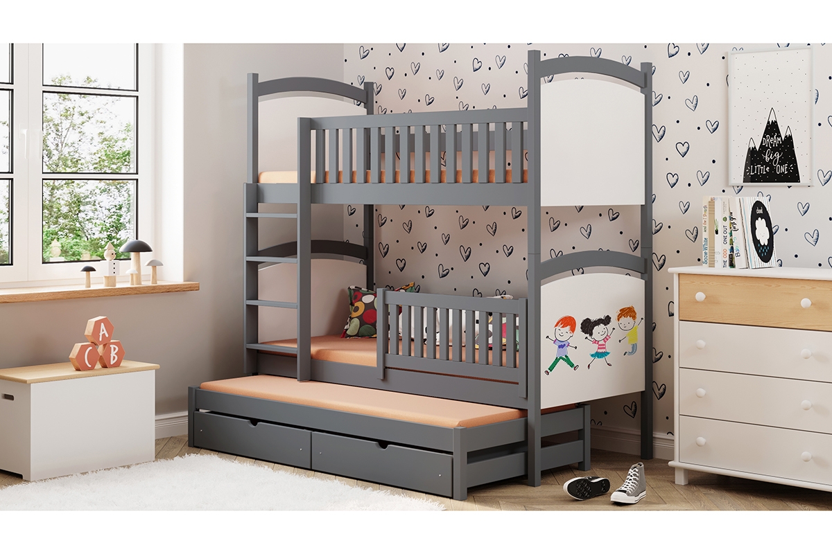 Łóżko piętrowe wysuwane z tablicą suchościeralną Amely - grafit, 90x190 grafitowe łóżko z wysuwem dla dziecka 