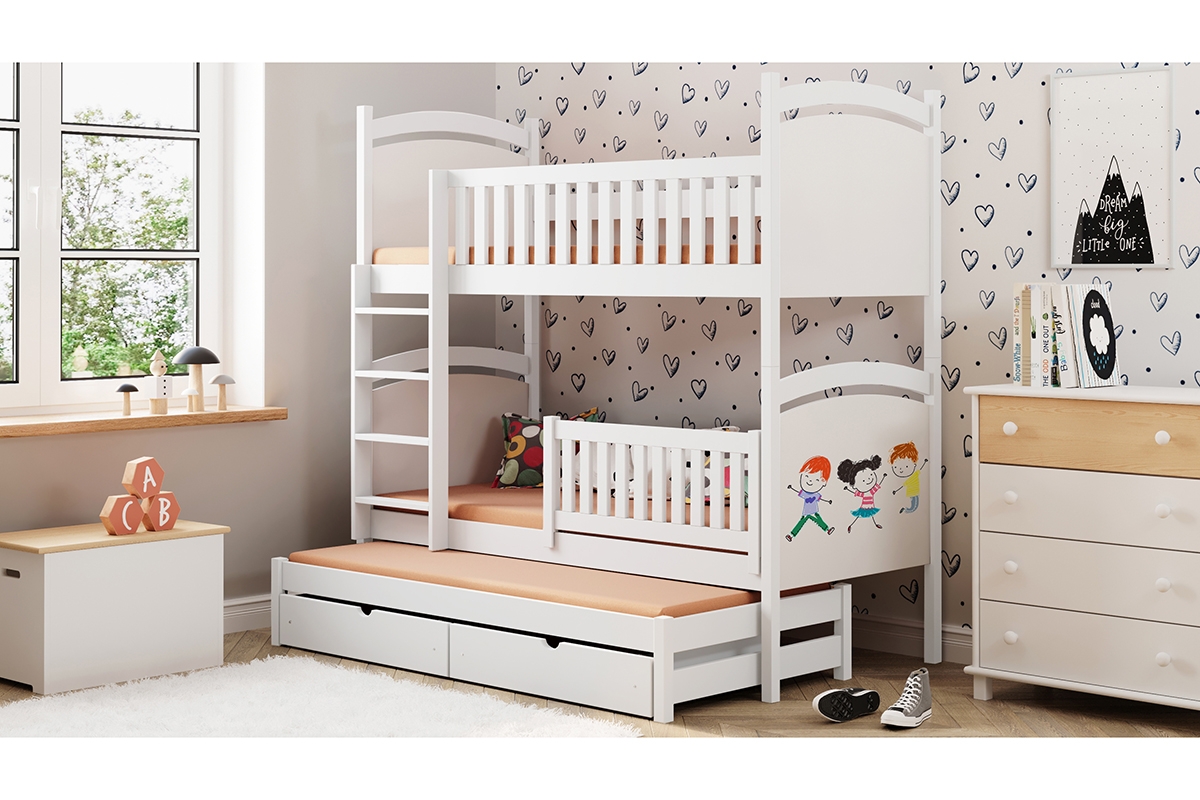 Łóżko piętrowe wysuwane z tablicą suchościeralną Amely - biały, 80x160 białe łóżko z wysuwem dla trójki dzieci 