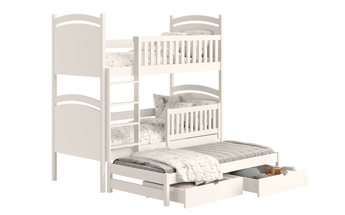  Łóżko piętrowe wysuwane z tablicą suchościeralną Amely - biały, 90x200 potrójne łóżko piętrowe z szufladami na zabawki 