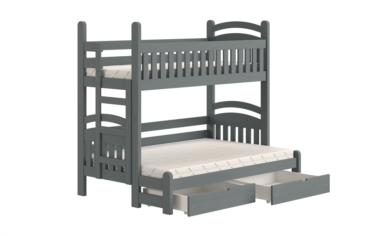 Łóżko piętrowe Amely Maxi lewostronne - grafit, 80x200/140x200 grafitowe, podwójne łóżko dziecięce z szufladami