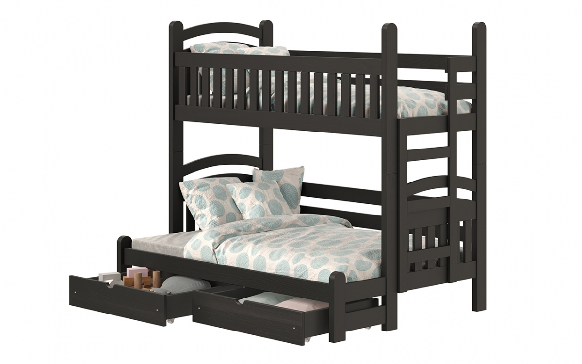 Łóżko piętrowe Amely Maxi prawostronne - czarny, 80x200/140x200 czarne łóżko z wysuwanymi szufladami na zabawki 