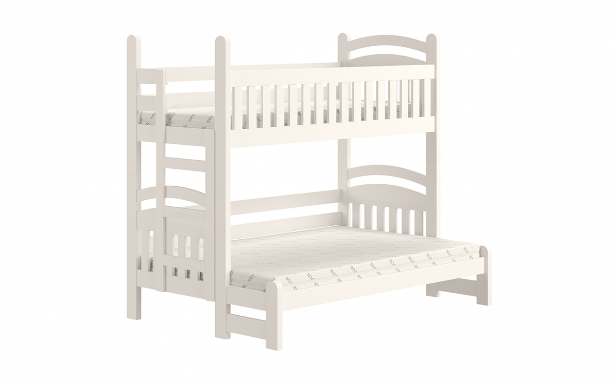 Łóżko piętrowe Amely Maxi lewostronne - biały, 90x200/120x200 drewniane łóżko piętowe z drabinką, barierką i szufladami 